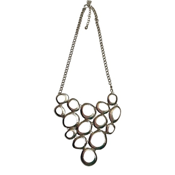 None Jewelry - Silver Tone V-Shaped Bubble Circle Bib Statement Necklace